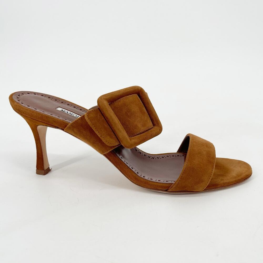 Manolo Blahnik Gable Camel Brown Suede Buckle Open Toe Stiletto Mules IT 39 - Picture 2 of 10